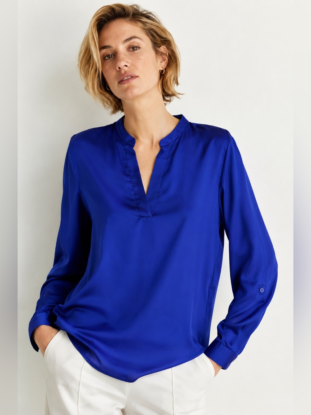 Chico's “Magnetic Purple” High-Low Split Neck Roll-Tab Popover Blouse - Size - M